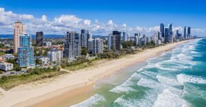 Aerial View Broadbeach towers looking north to SurfersParadise, Australia's Gold Coast